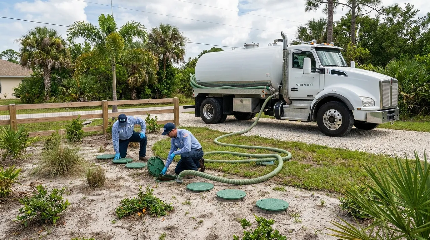 Drain field service in a North Port, FL yard with sandy soil