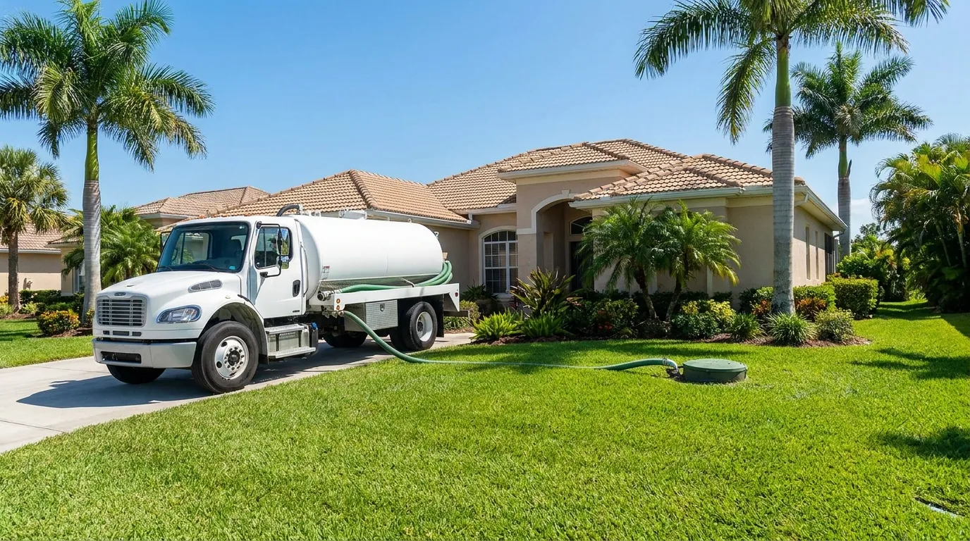 Septic service truck at a North Port, FL home
