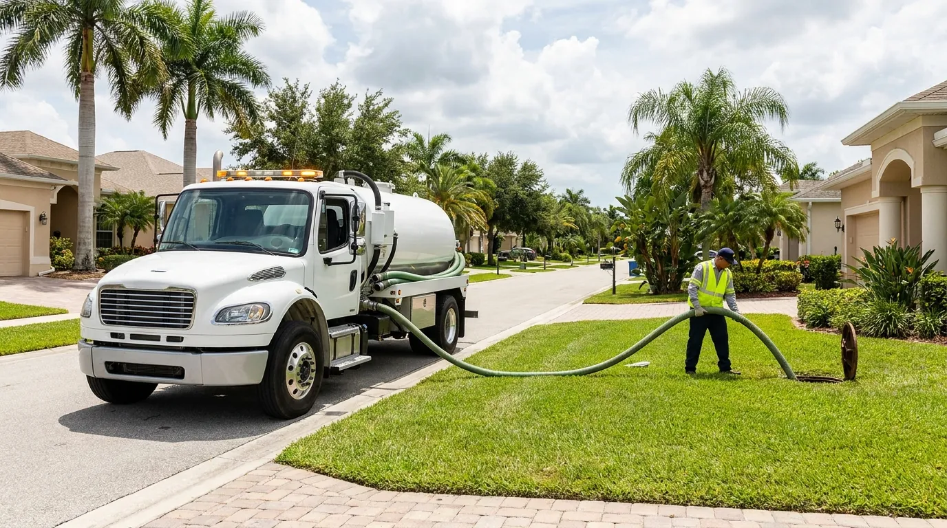 Septic emergency service truck responding to a backup in North Port, FL