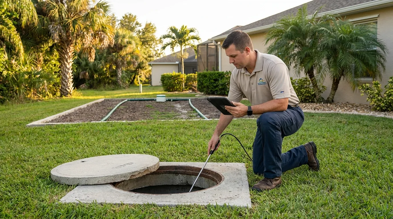 Technician inspecting a septic tank and drain field in North Port, FL