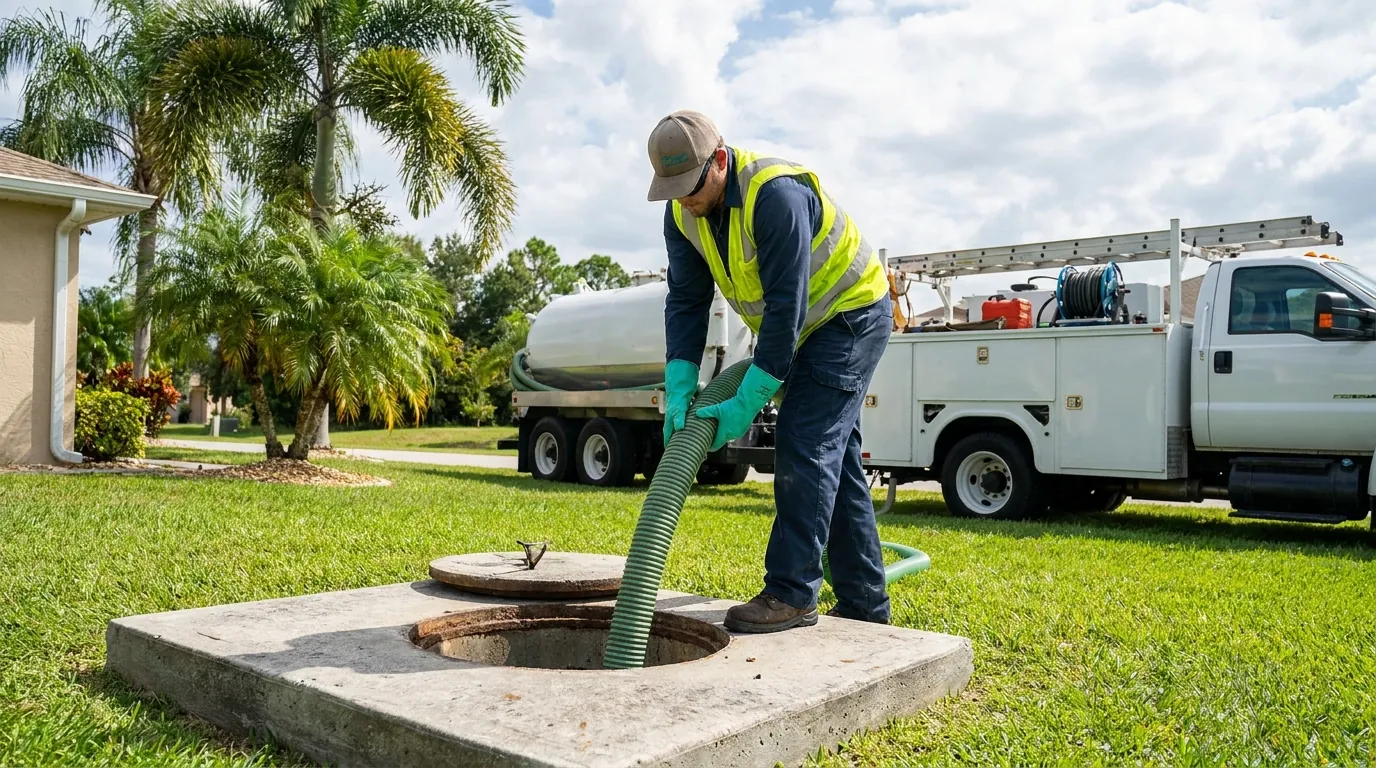 Cleaning a septic tank interior during service in North Port, FL